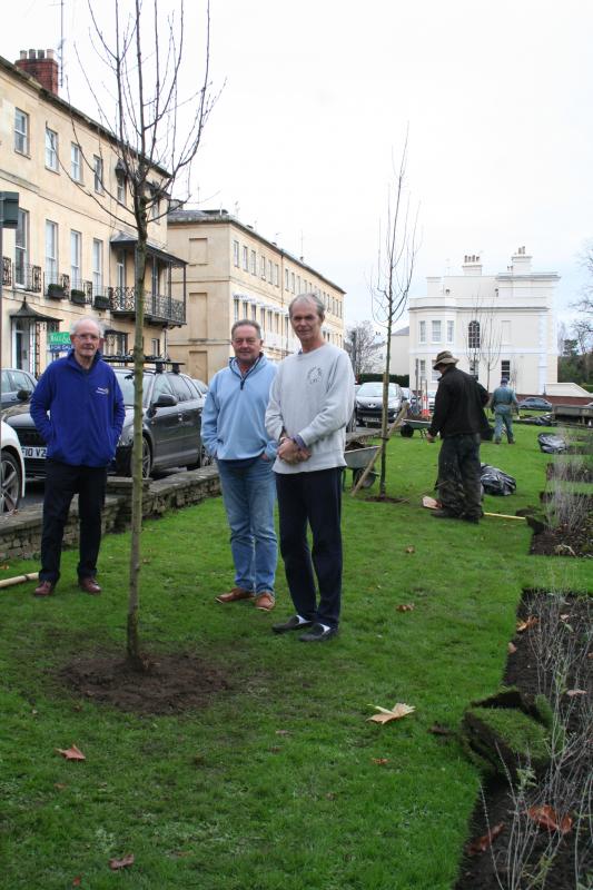 Centenary Trees  - As part of National Tree Week Nature First planted 10 Bird Cherry Trees at Oxford and Priory Gardens. These were sponsored by Rotarians and local Residents. In picture David Evans with Residents Mark Palmer and Paul Newman