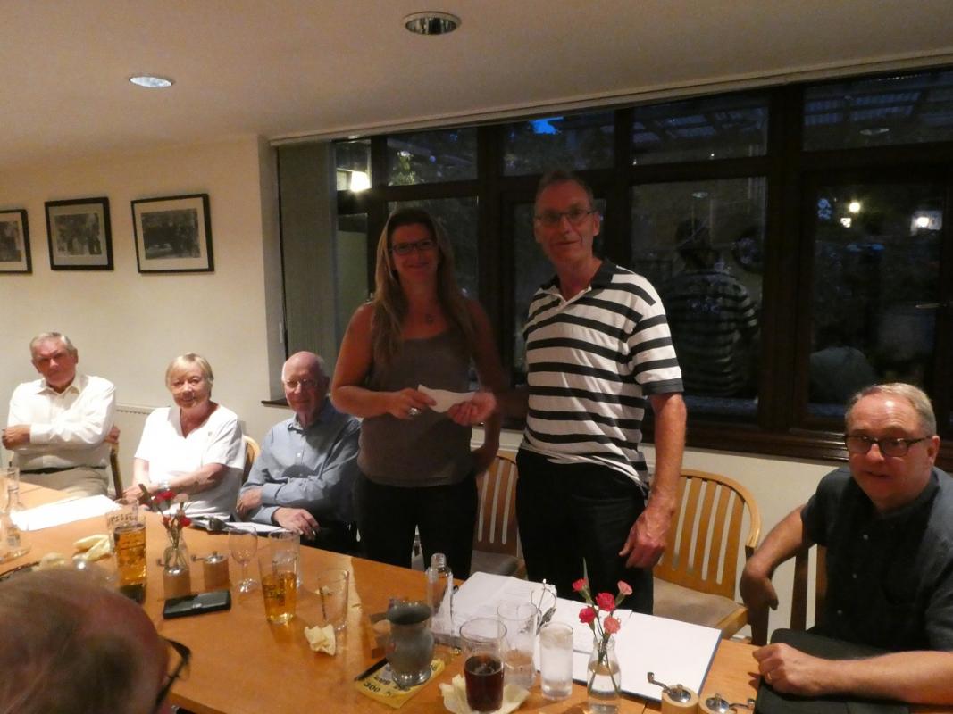 2018 £500 Donation to Shoscombe defribillator project - President Andy presents the cheque to Rosie.