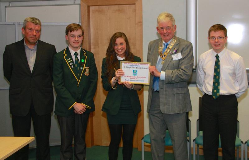 Dec 2012 - President Mike presents a Youth Speaks  certificate  - The Senior winning team comprised :
A J Weir 