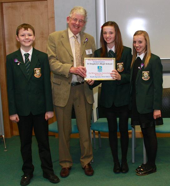 Dec 2012 - President Mike presents a Youth Speaks  certificate  - The Intermediate winning team comprised :
Lee Thompson 