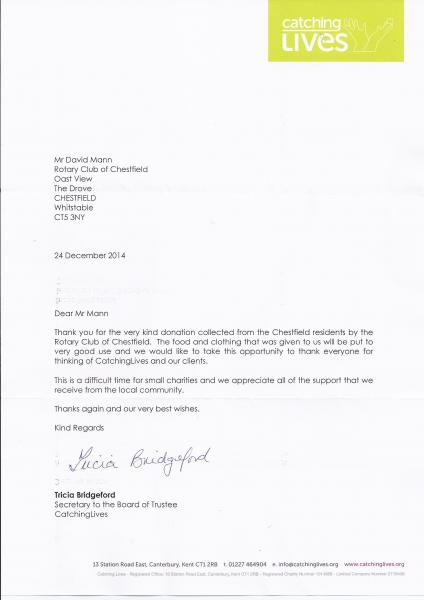 Christmas Food and Clothing Collections - Thank you letter from Catching Lives