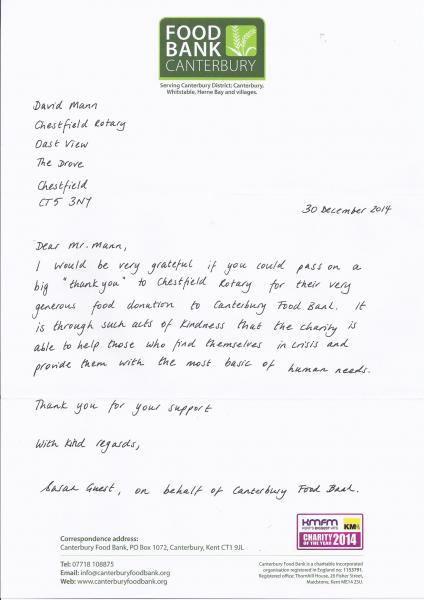 Christmas Food and Clothing Collections - Thank you letter from Canterbury Foodbank