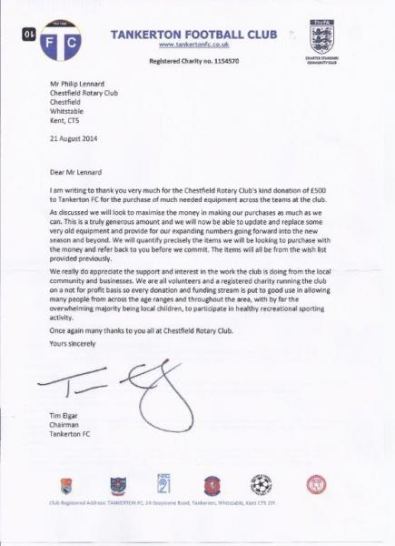 Tankerton Footbal Club Donation - Thank you letter from Tankerton FC