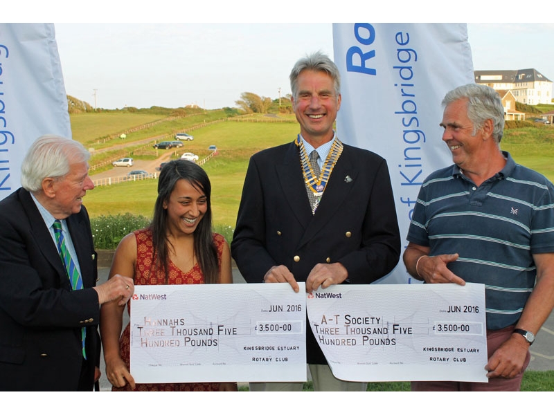 2016 Charity Golf Day - Rotary President Peter Lee (centre) presents cheques for £3,500 to Hannahs and Chris Miller for the A-T Society with Julian Tregelles of Thurlestone Golf Club (left)