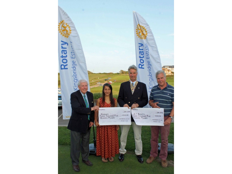 2016 Charity Golf Day - Rotary President Peter Lee (centre) presents cheques for £3,500 to Hannahs and Chris Miller for the A-T Society with Julian Tregelles of Thurlestone Golf Club (left)