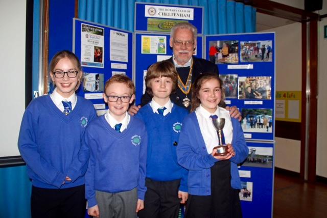 Primary School Quiz - March 2016 - President Hans presenting the Osborne Cup to the winning team, Warden Hill B: Katie Toner(10,      Jamie Bettell (11),  Thomas Davies (10),  Molly Young (11) (Cap)
