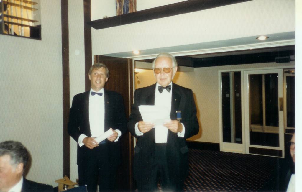 Charter Ceremony 1989 - Founder Presdent Roger Allflatt with Rtn Leonard Barrett, later Honorary Member