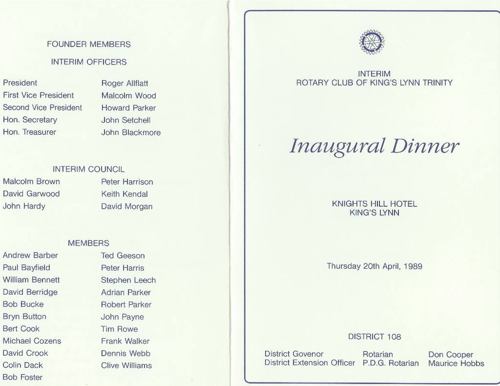Charter Ceremony 1989 - Programme and Menu from Inaugural Dinner on 20th April 1989