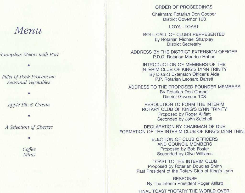 Charter Ceremony 1989 - Programme and Menu from Inaugural Dinner on 20th April 1989 [2]