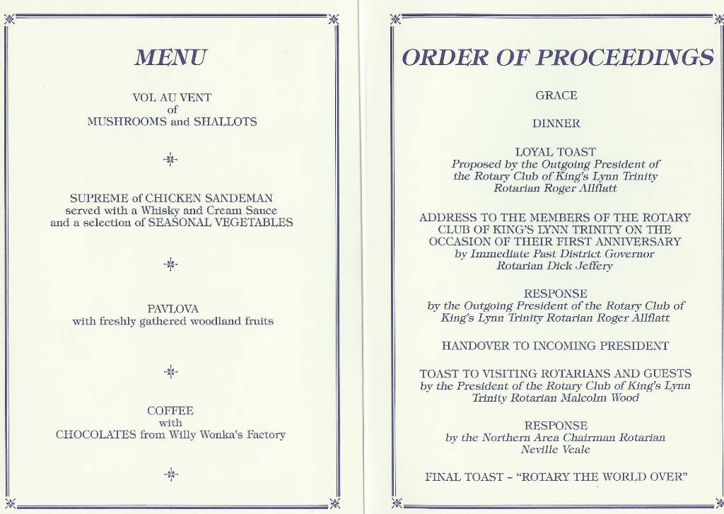 Charter Ceremony 1989 - Programme and Menu from First Charter Anniversary Dinner on 6th July 1990 [2]